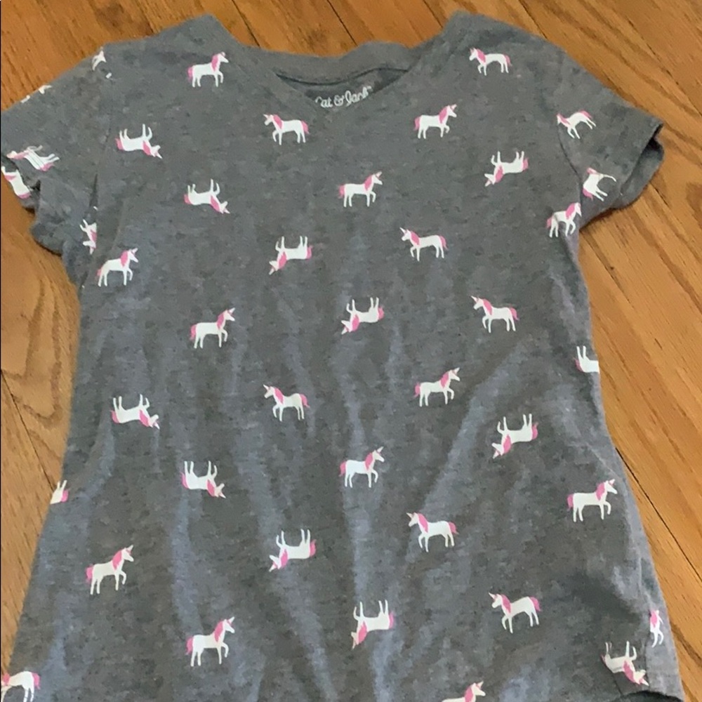grey shirt with unicorns